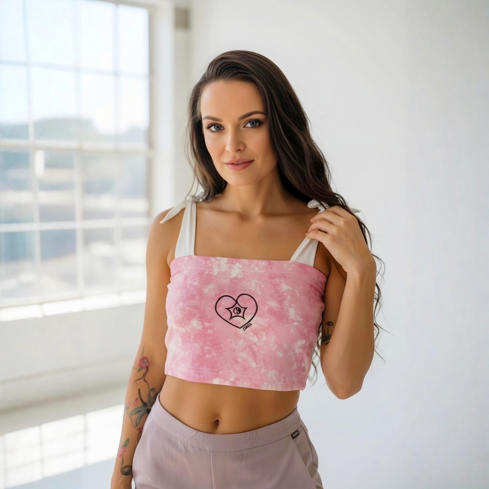 Zemeta ✦ Pink Tie Dye Yin Yang Cami Top ✦ Adjustable Heart Graphic Crop M NWT